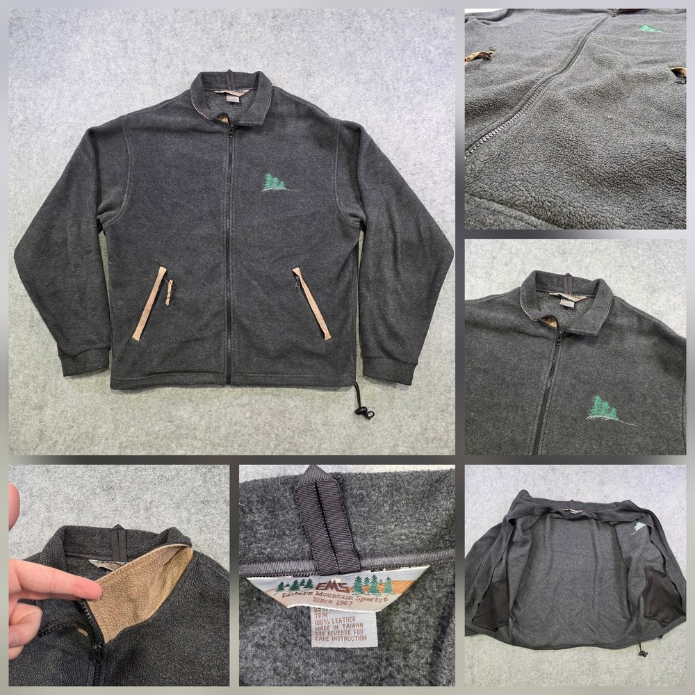 VTG Eastern Mountain Sports Jacket Mens Medium Gray Fleece Leather Trim Full Zip